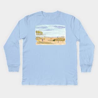 Family on the beach strand at Bjorno Sweden - tan, blue and gold Kids Long Sleeve T-Shirt